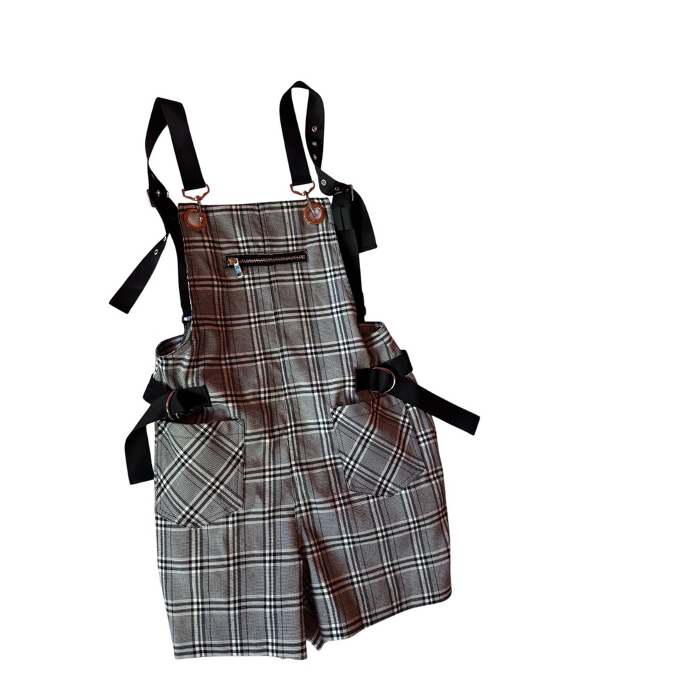 I.AM.GIA Plaid Overall Shorts Black White Grey Edgy Punk Shortalls Womens Medium